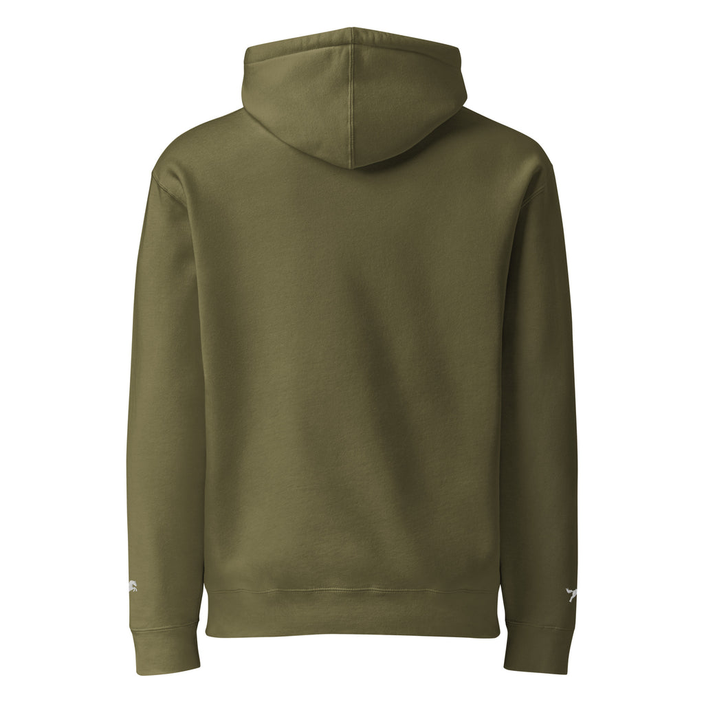 NOREXE - Moletom Extra Pesado 14oz Heavy Independent na cor verde-oliva, visto de trás, com capuz.