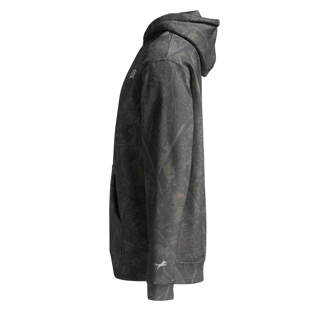 NOREXE - Moletom Extra Pesado 14oz Heavy Independent visto de lado, em padrão camuflado, com capuz e bolsos.