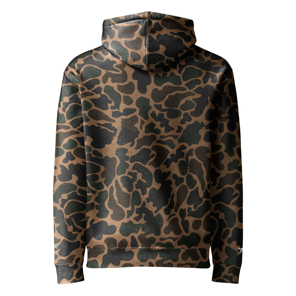 NOREXE - Moletom Extra Pesado 14oz Heavy Independent com padrão de camuflagem em tons de verde e bege.