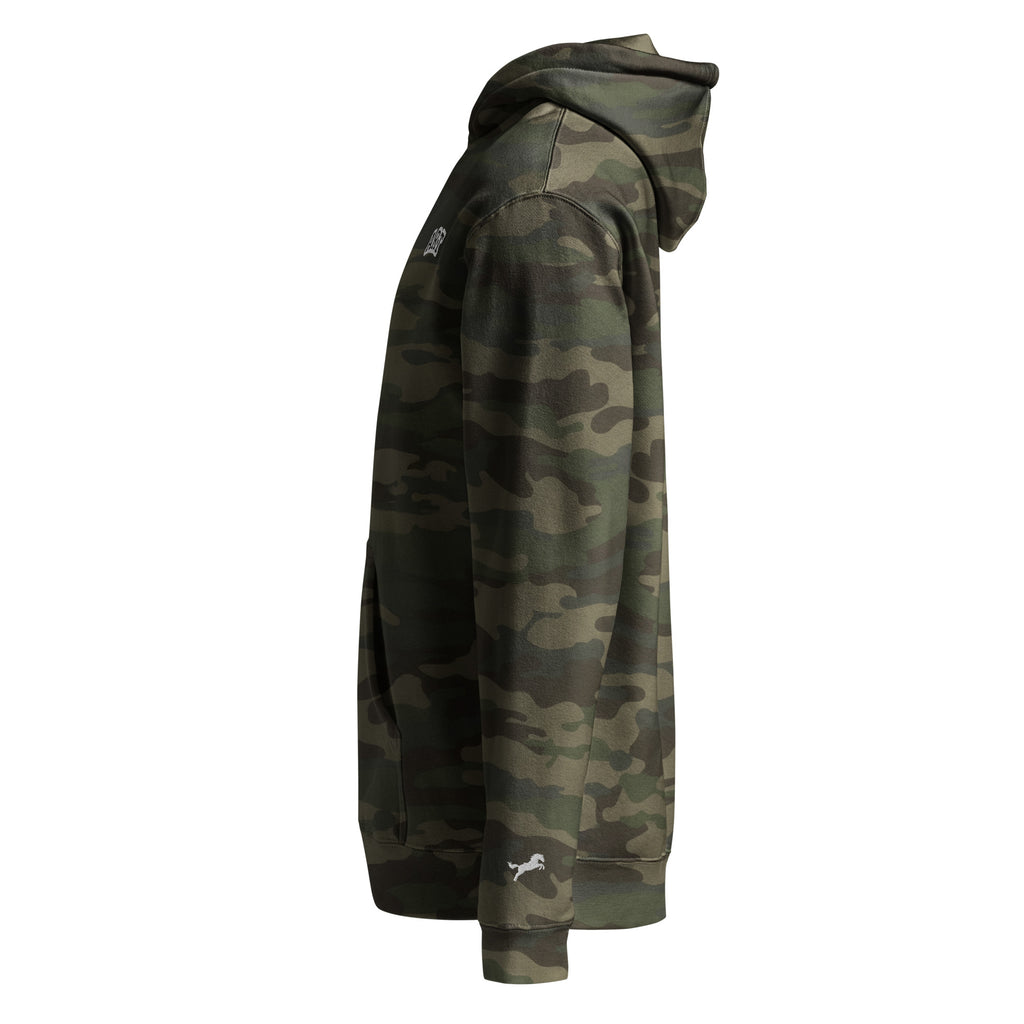 NOREXE - Moletom Extra Pesado 14oz Heavy Independent na cor camuflada, com capuz e design moderno.